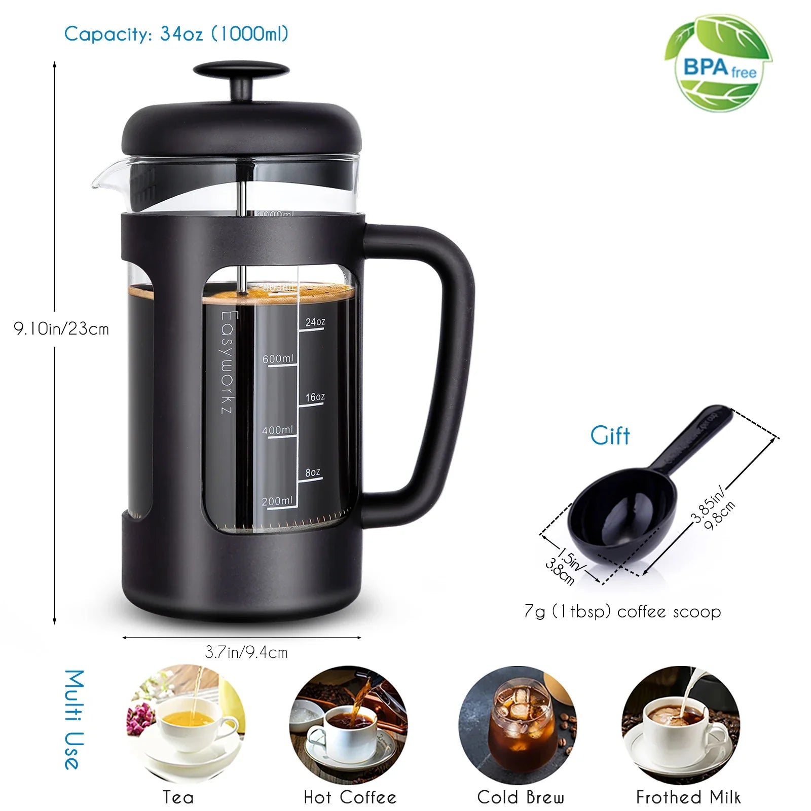 French Press  Coffee Tea Maker with Borosilicate Glass,Soft Grip Handle