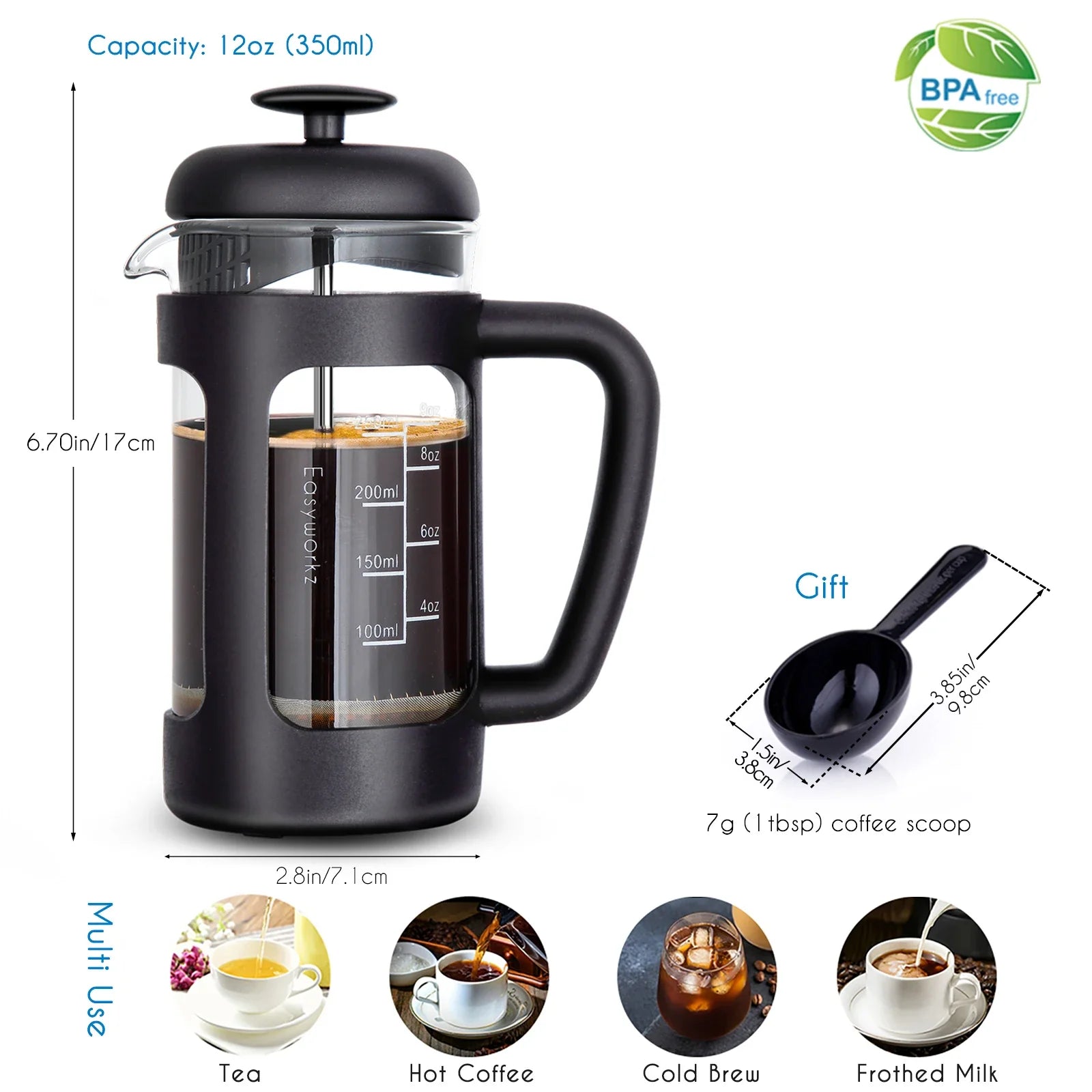 French Press  Coffee Tea Maker with Borosilicate Glass,Soft Grip Handle